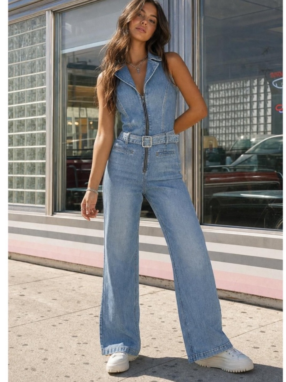 Y2K LEE Denim Jumpsuit Womens LG Medium Wash Belted Wide Leg Retro Flare Indie